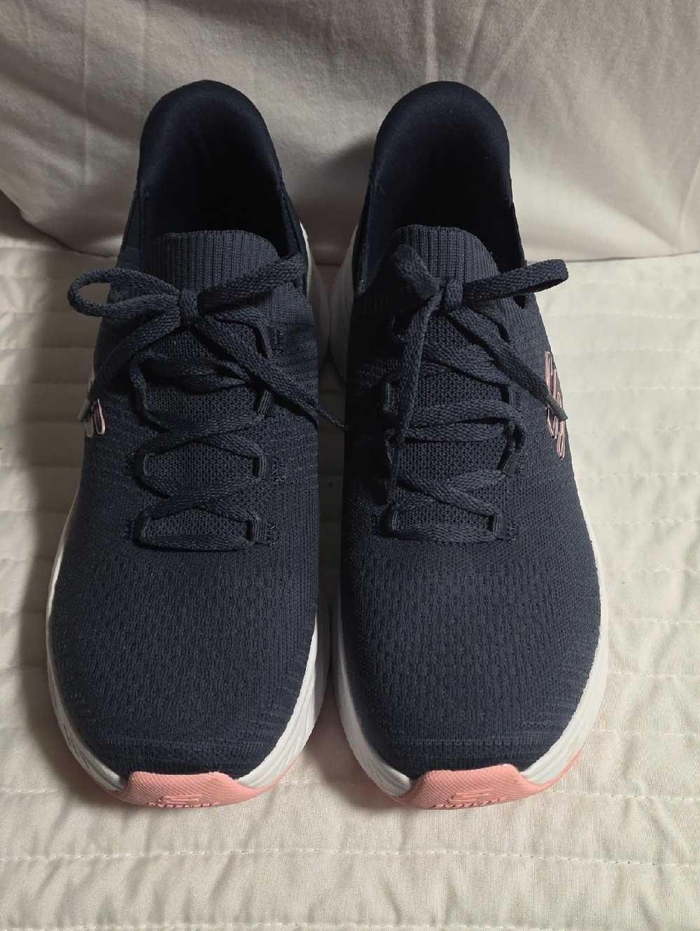 Women's Navy Knit Lace-Up Sneakers with Pink Accents Skechers NWOT